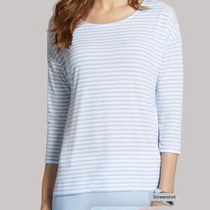 Chicos Striped Oversize‎ Tunic Top Womens Sz M Blue White Layered Hem Nautical